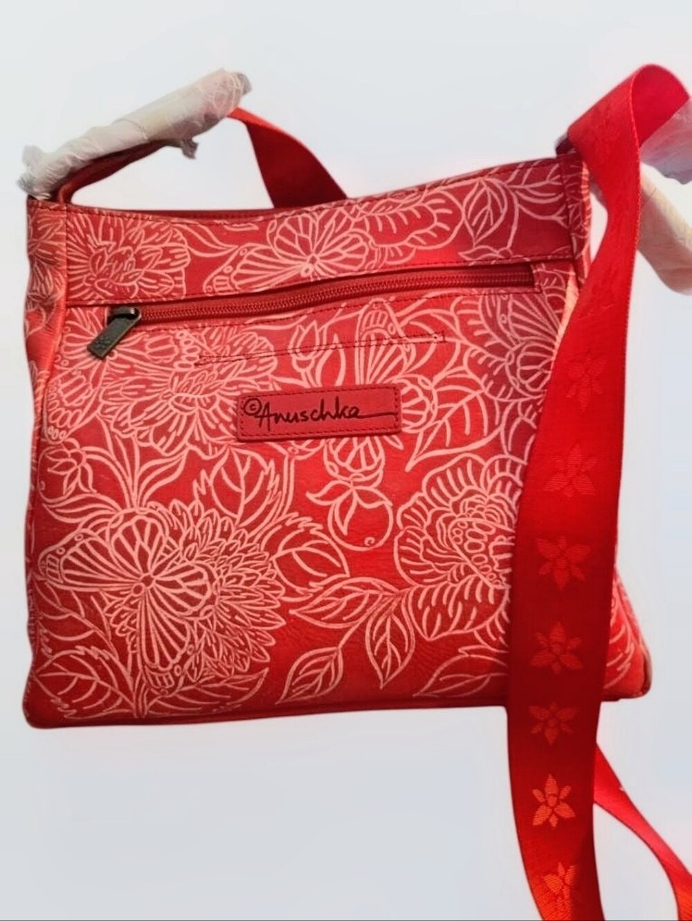 NWT Anuschka Coral Red Floral Crossbody Bag